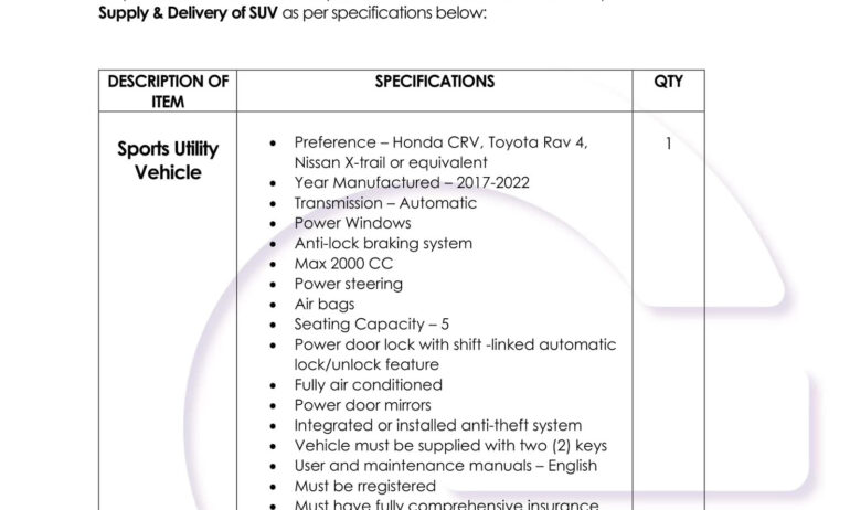 Request for Quotations – Supply and Delivery of SUV