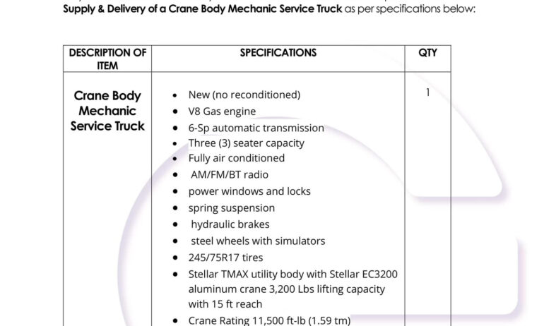 Request for Quotation – Supply and Delivery of Crane Body Service Mechanic Truck