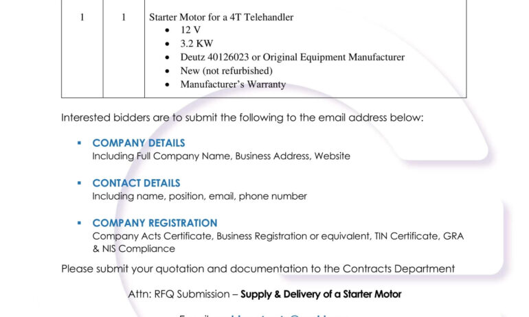 Request for Quotation – Supply and Delivery of Starter Motor