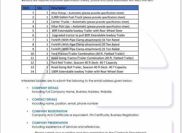 Request for Quotation – Supply of Vehicles and Machinery