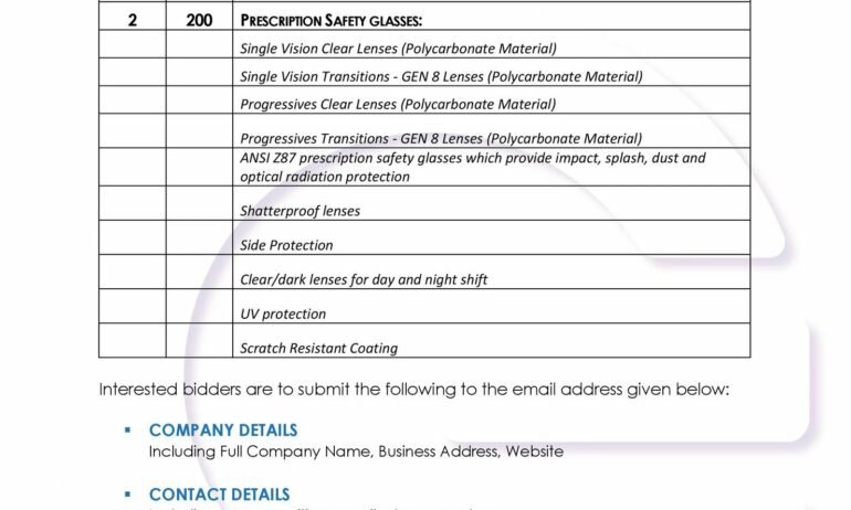 Request for Quotation – Supply of Prescription Safety Glasses