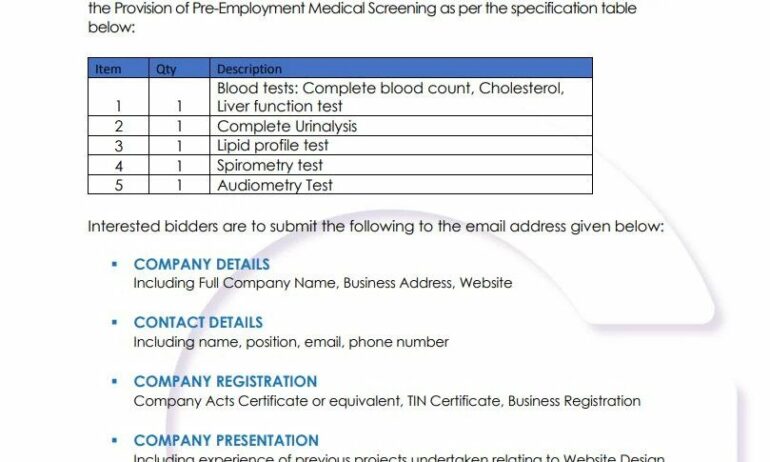 Request for Quotation – Provision of Medical Screening Services