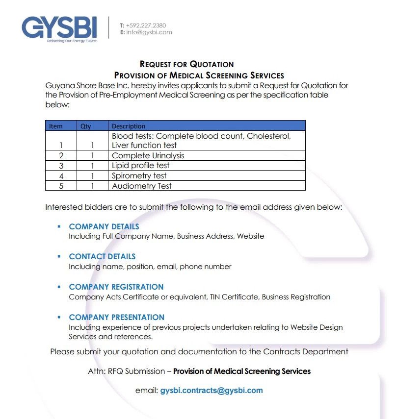 Request for Quotation Provision of Medical Screening Services GYSBI
