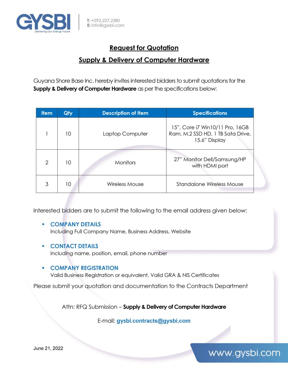 Supply & Delivery of Computer Hardware Request for Quotation GYSBI