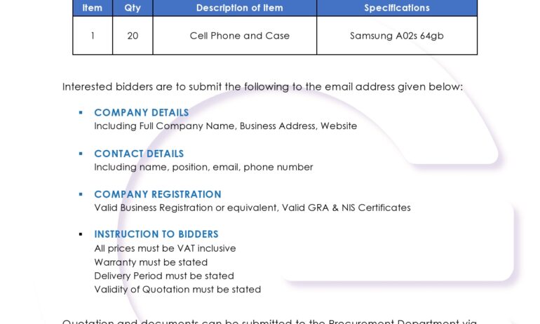 Supply Delivery of Mobile Phones – RFQ