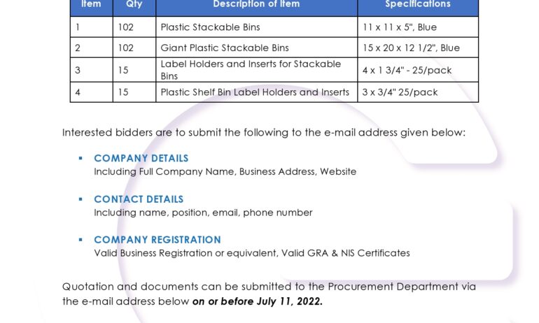 Supply & Delivery of Plastic Stackable Bins – RFQ