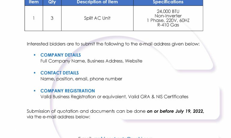 Supply & Delivery of AC Units – RFQ